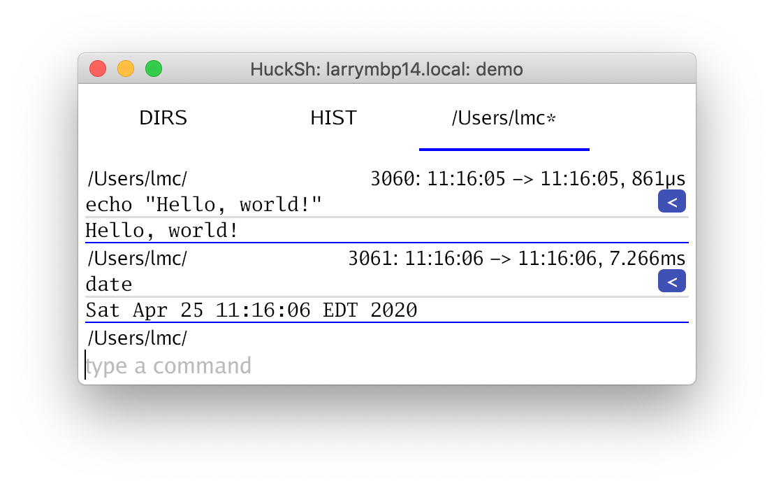 Screenshot of the hucksh GUI with two commands displayed.